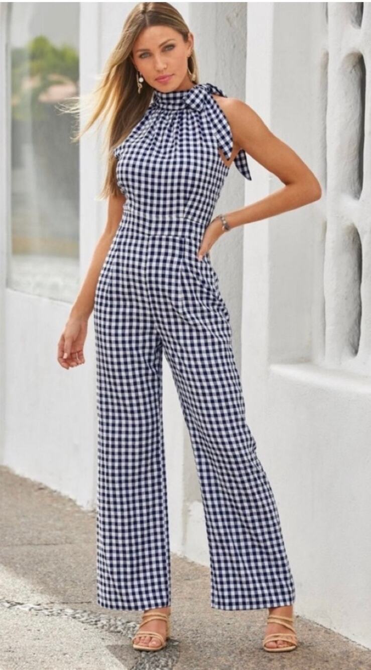 Boston Proper Jumpsuit Women SZ 4 NEW Navy White Gingham Tie Neck One Piece NWOT